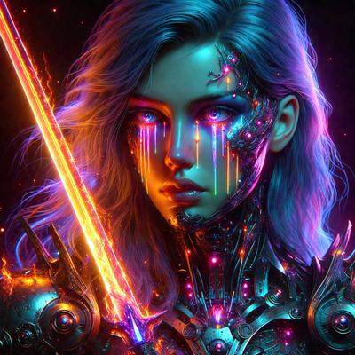 The primary subject of the image is a woman with a futuristic, cyberpunk appearance. She is wearing a metallic outfit and has a sword in her hand. The setting is a dark, futuristic environment, possibly a dystopian cityscape. The visual style is a digital art or illustration, with the woman's eyes glowing a neon color. The colors and mood of the image are predominantly dark and mysterious, with the woman's glowing